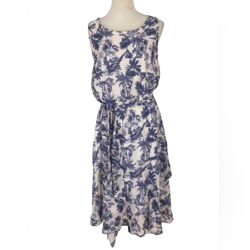 Cocomo Blue and White Tropical Print Sleeveless Dress
